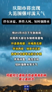 慶陽(yáng)市將出現(xiàn)大范圍強(qiáng)對(duì)流天氣，伴有冰雹、陣性大風(fēng)、短時(shí)強(qiáng)降水