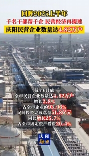 【回眸2025上半年】慶陽市上半年民營企業(yè)數(shù)量達(dá)4.82萬戶、增長2.8%，占全市企業(yè)的93.96%；民間投資完成總量51.8億元、同比增長25.7%，占全市固定資產(chǎn)投資 20.4%
